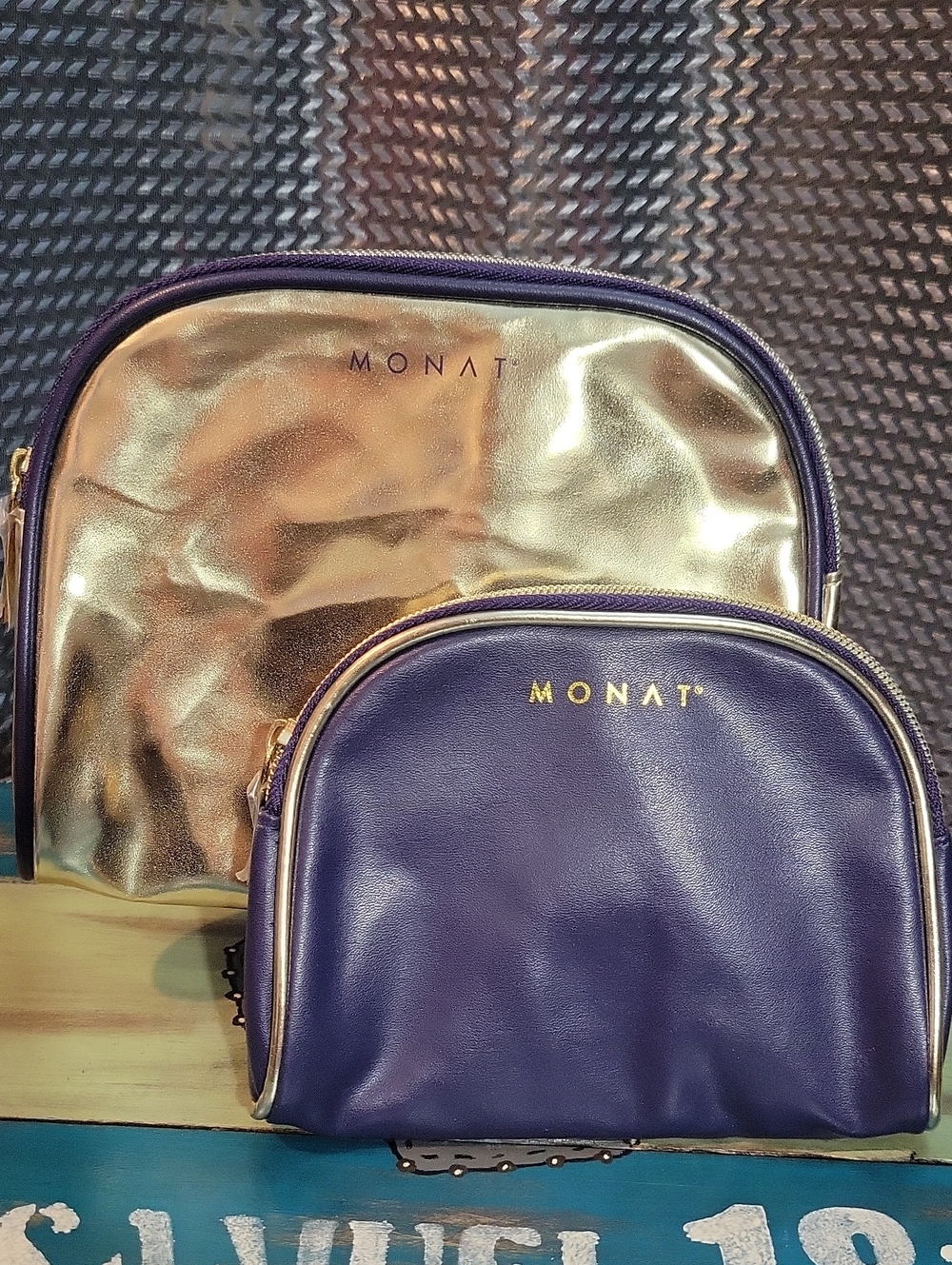 MONAT Metallic Gold and Purple Cosmetic Bag Set NWOT